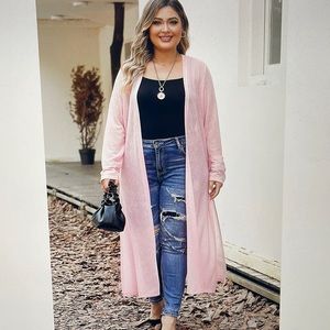 Pink Sheer Maxi Open Front Cardigan Plus Size 1X